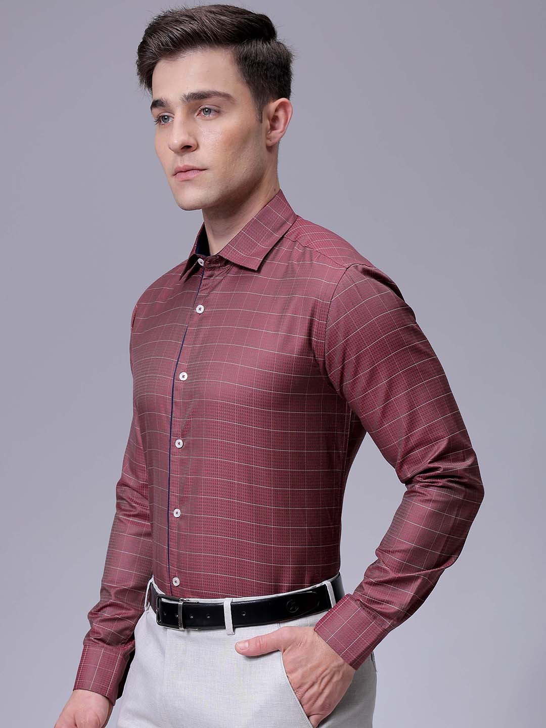 Men's Maroon Slim Fit Checked Formal Shirt
