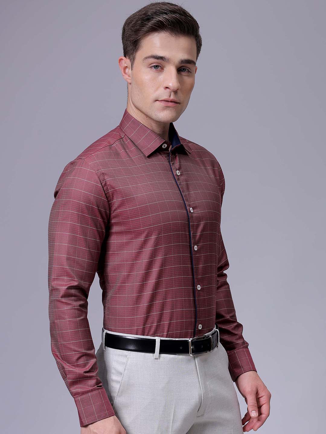 Men's Maroon Slim Fit Checked Formal Shirt