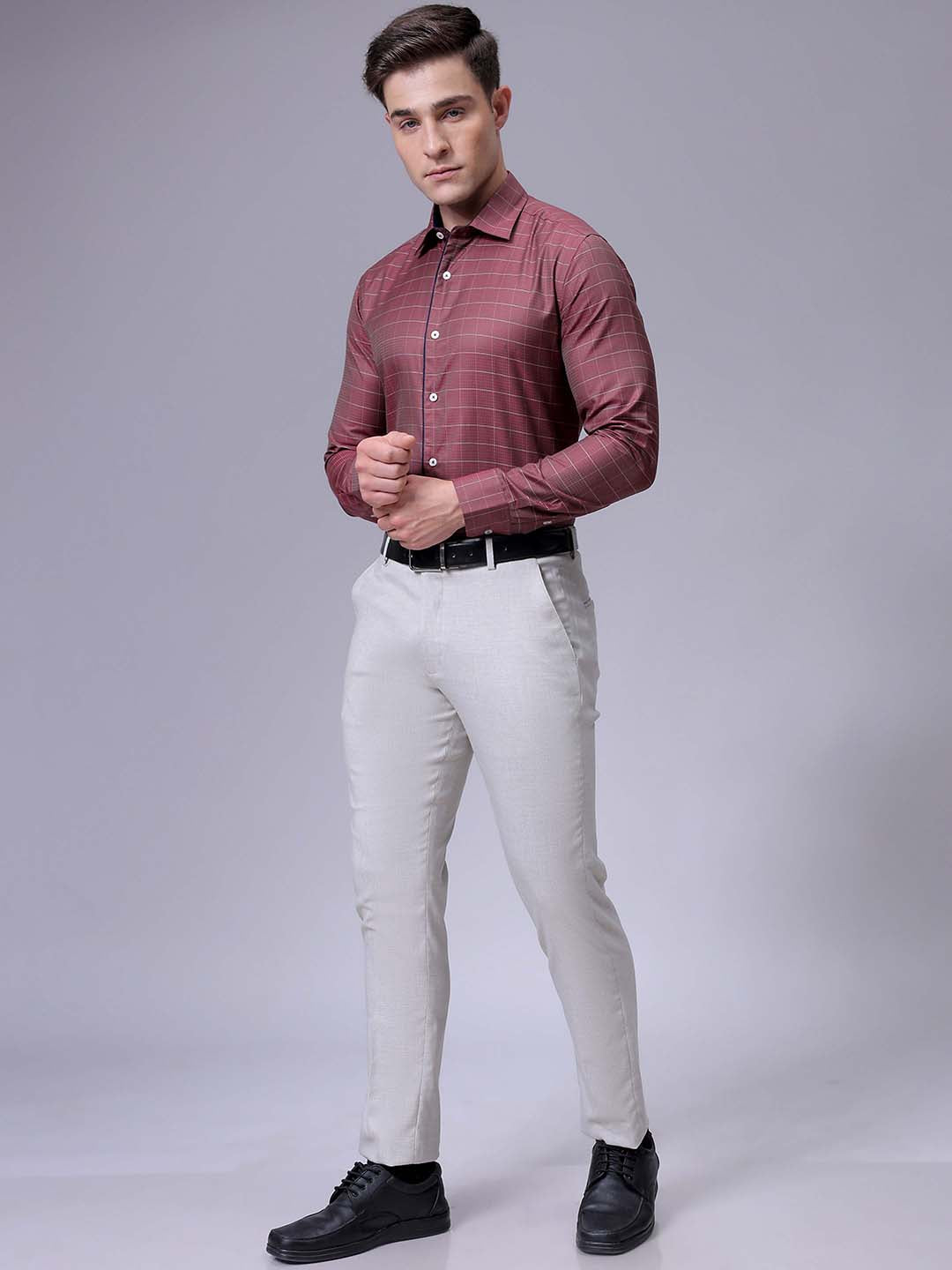 Men's Maroon Slim Fit Checked Formal Shirt