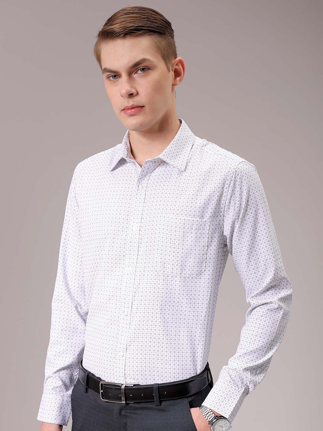 Men's Grey Slim Fit Ditsy Formal Shirt