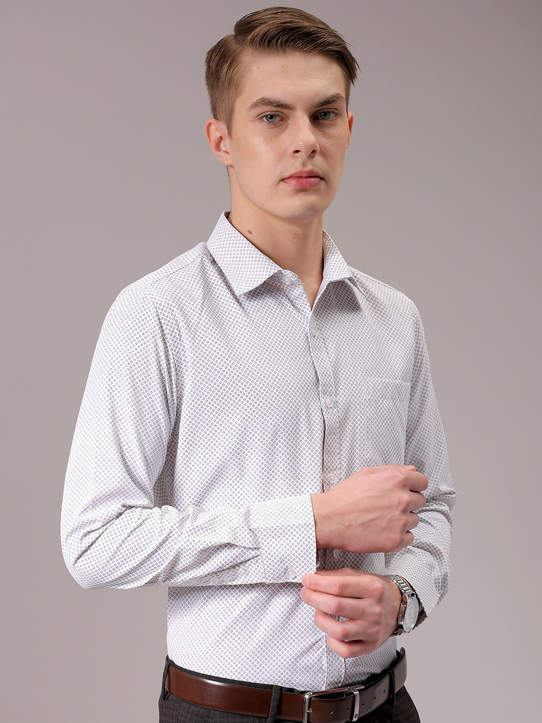 Men's Beige Slim Fit Ditsy Formal Shirt