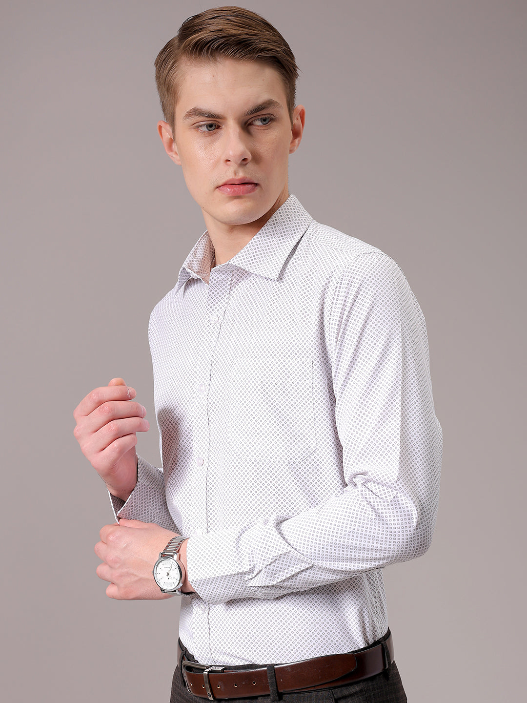 Men's Beige Slim Fit Ditsy Formal Shirt