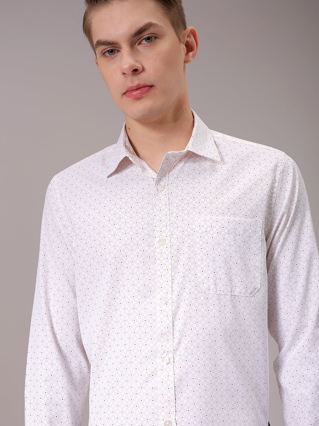 Men's Beige Slim Fit Ditsy Formal Shirt