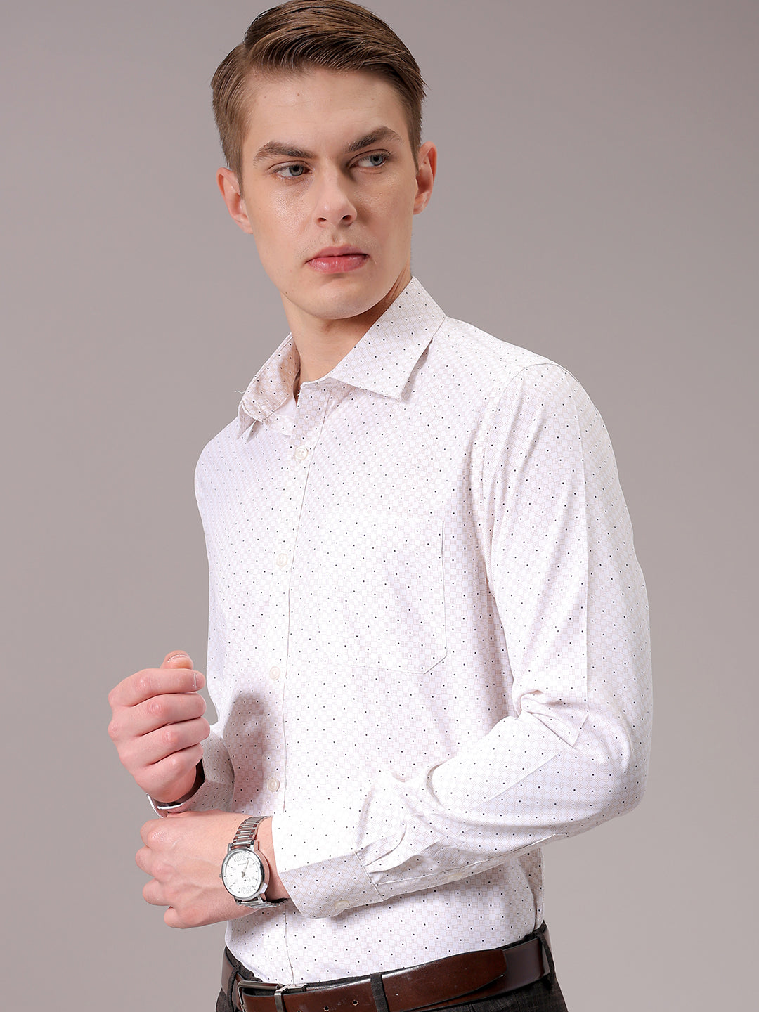 Men's Beige Slim Fit Ditsy Formal Shirt