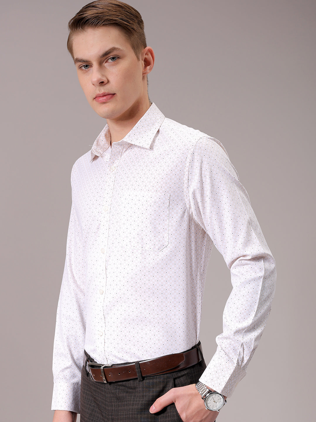 Men's Beige Slim Fit Ditsy Formal Shirt