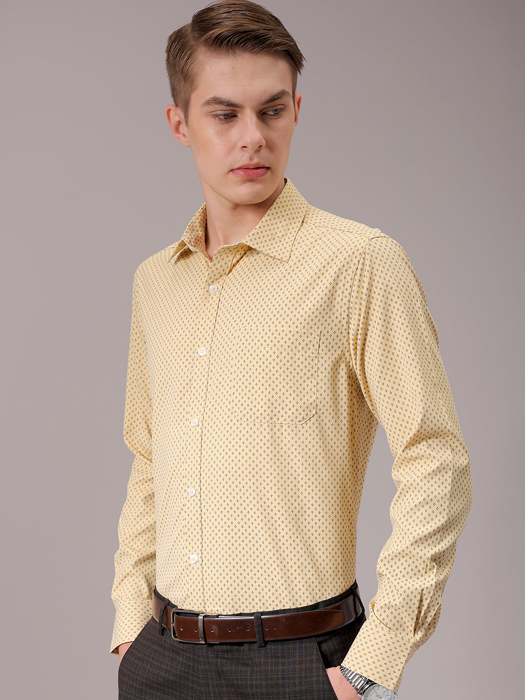 Men's Yellow Slim Fit Ditsy Formal Shirt