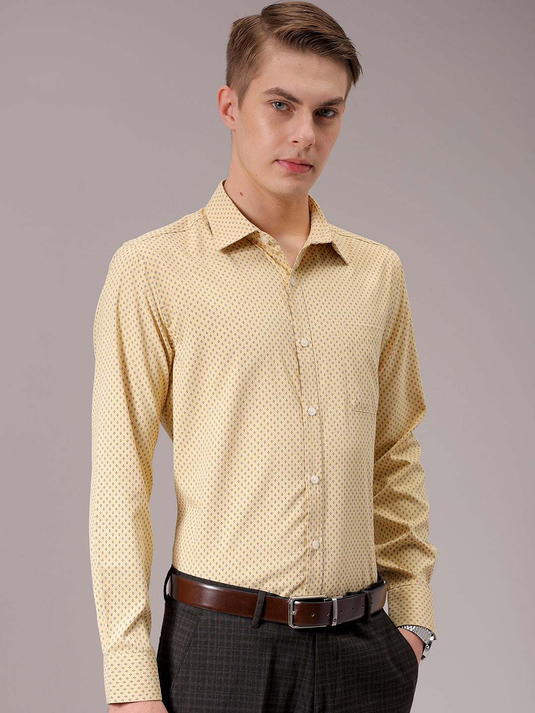 Men's Yellow Slim Fit Ditsy Formal Shirt