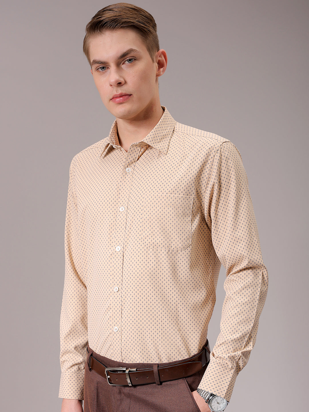 Men's Khaki Slim Fit Ditsy Formal Shirt