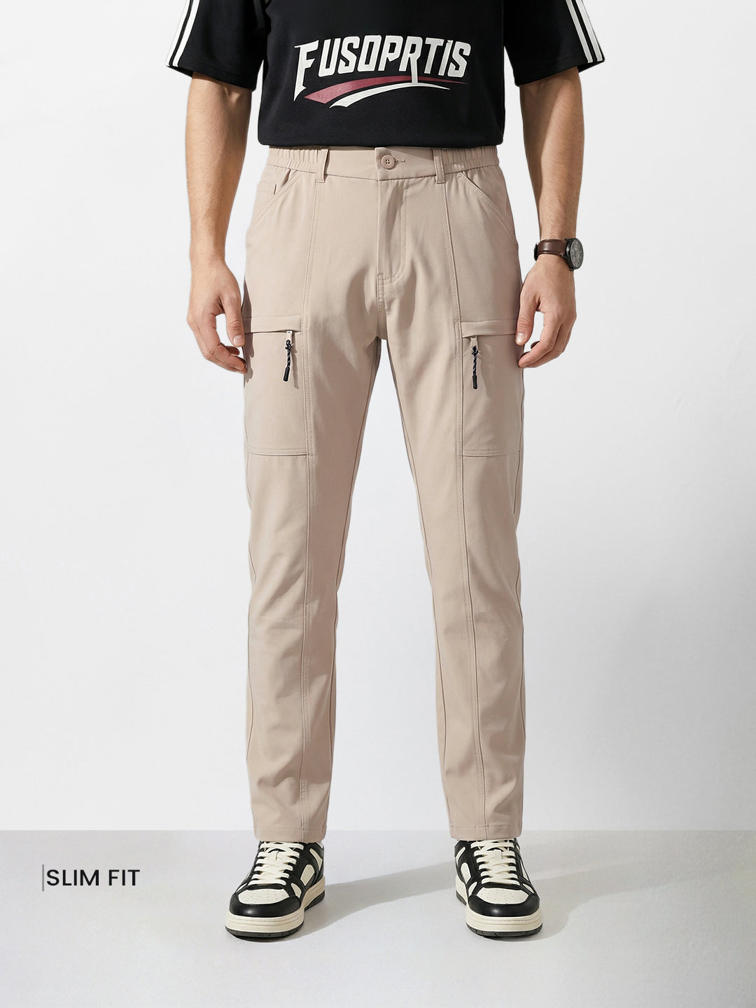 Men's Beige Slim Fit Solid Utility Cargo