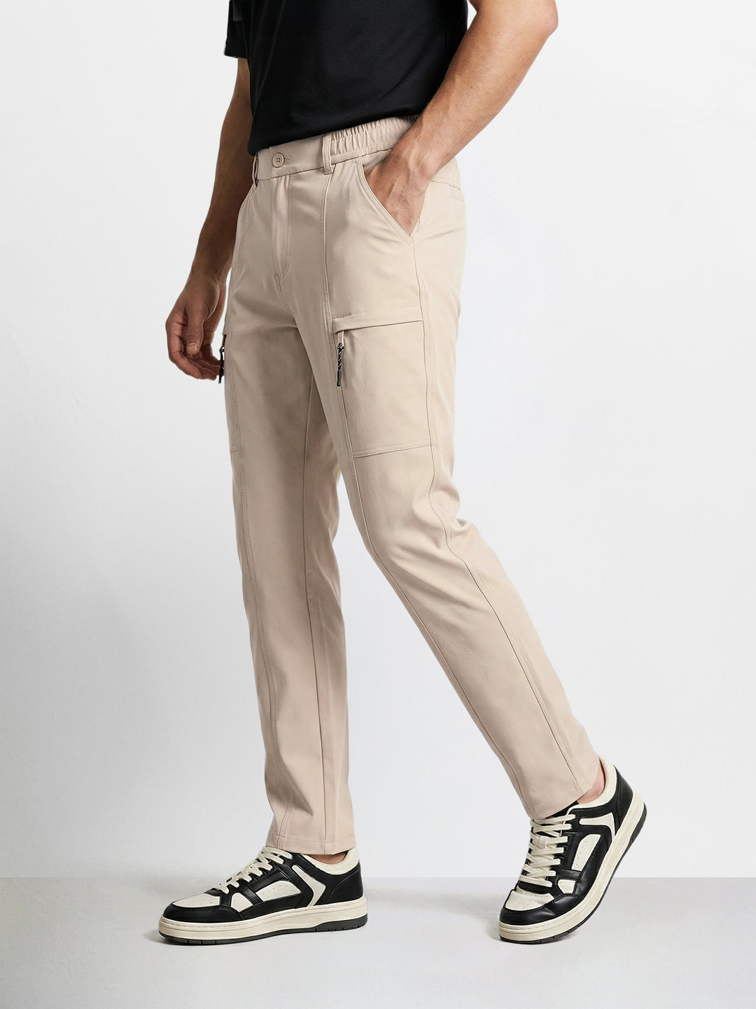 Men's Beige Slim Fit Solid Utility Cargo