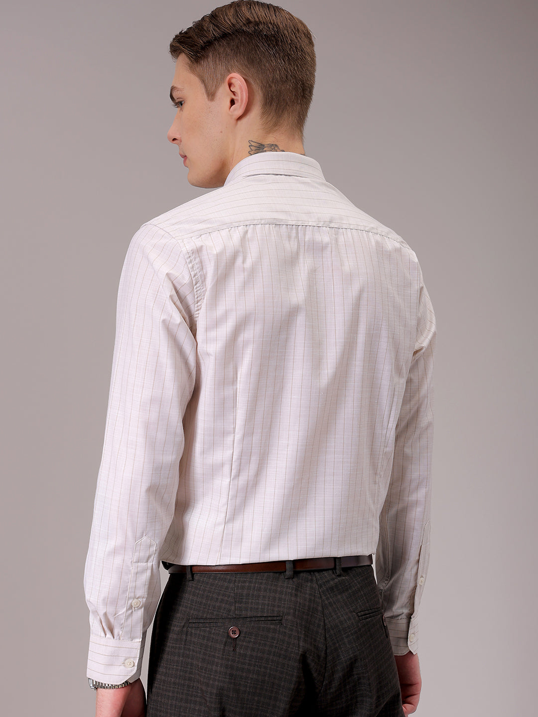 Men's Beige Slim Fit Striped Formal Shirt