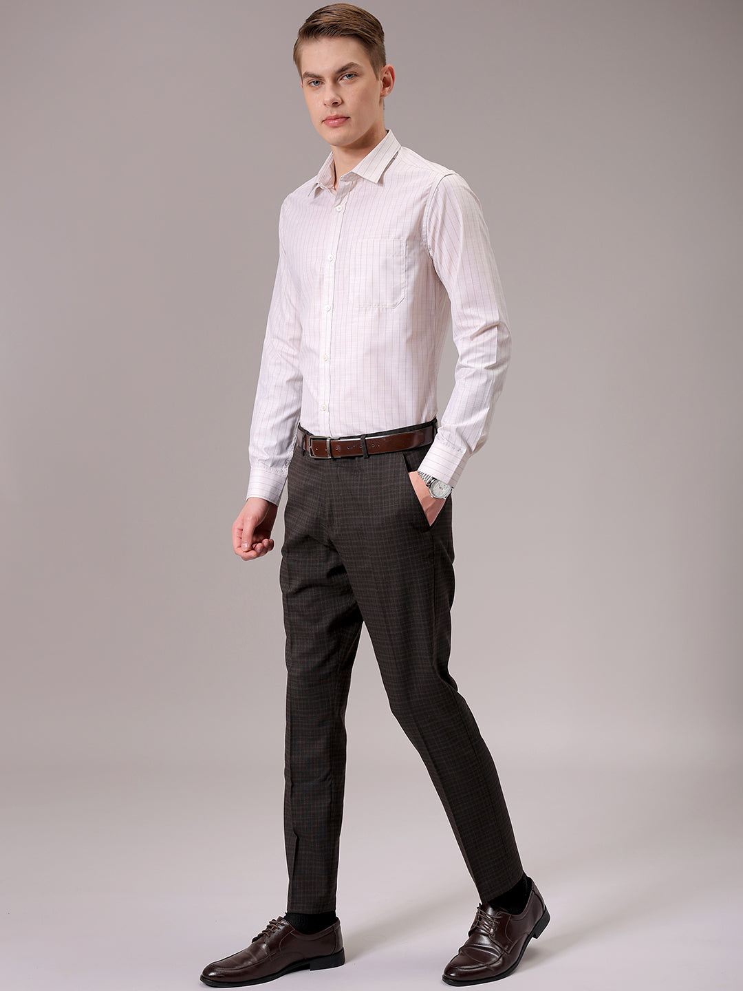 Men's Beige Slim Fit Striped Formal Shirt