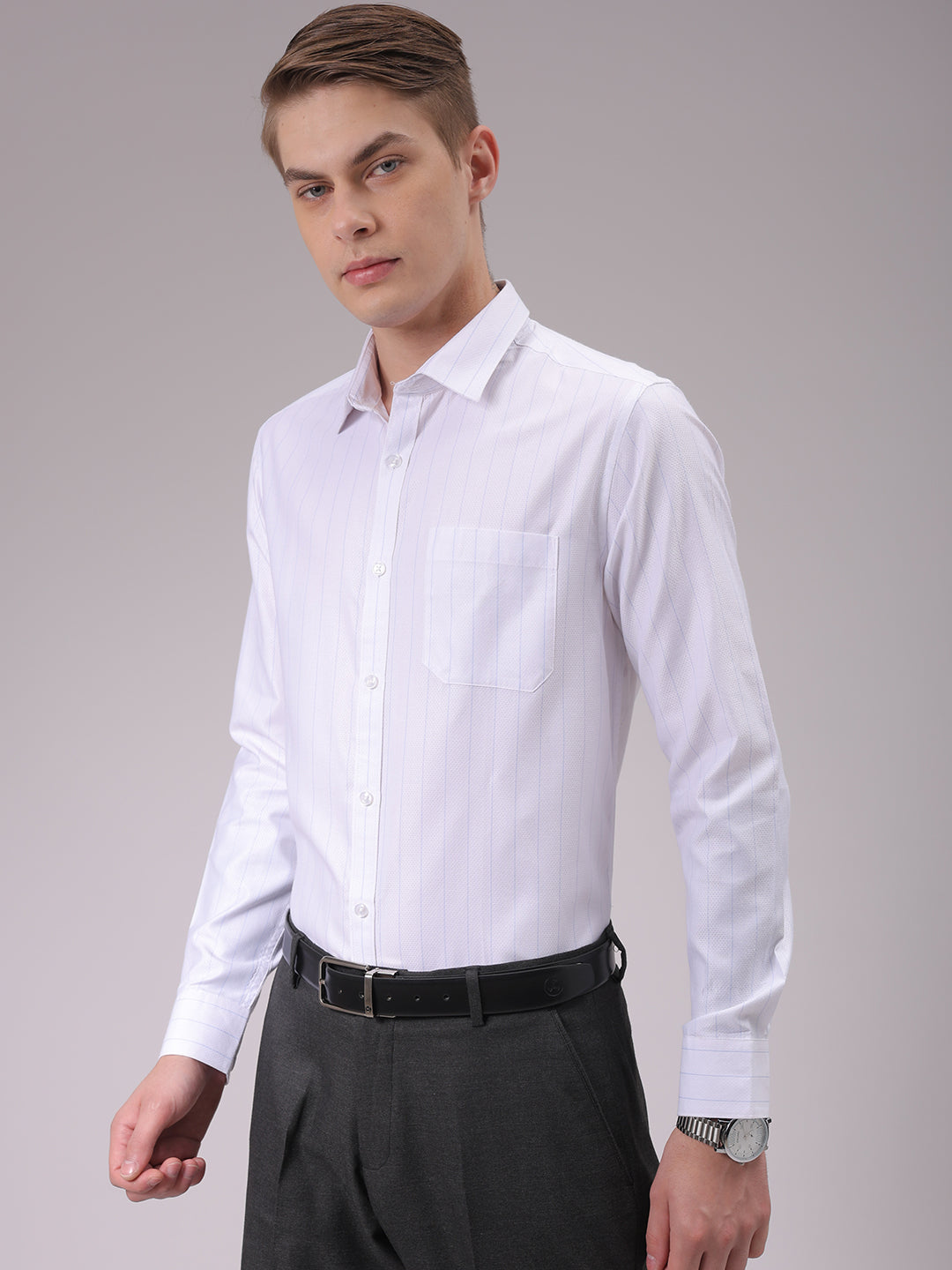 Men's White Slim Fit Striped Formal Shirt