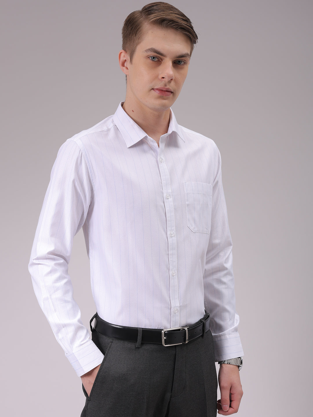 Men's White Slim Fit Striped Formal Shirt