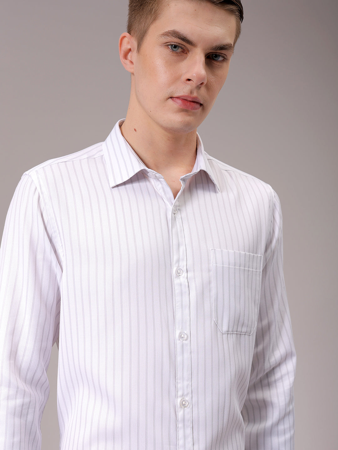 Men's Grey Slim Fit Striped Formal Shirt