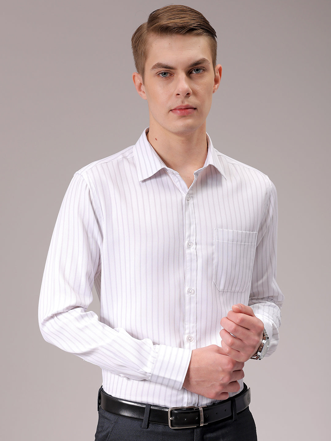 Men's Grey Slim Fit Striped Formal Shirt