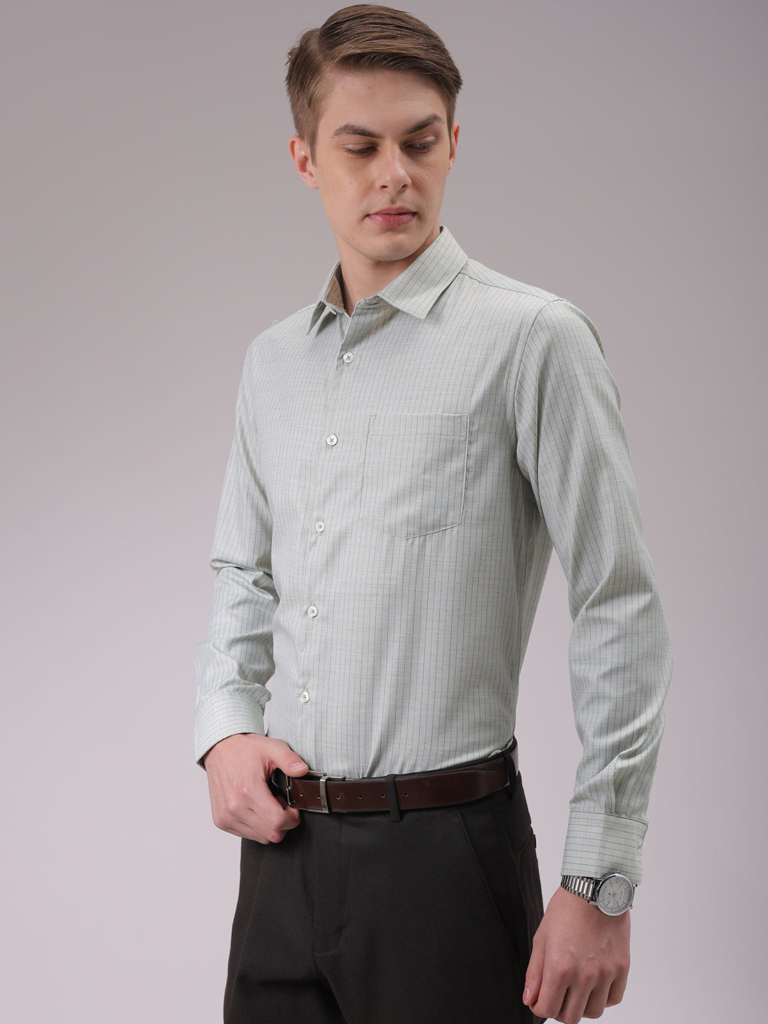 Men's Beige Slim Fit Striped Formal Shirt