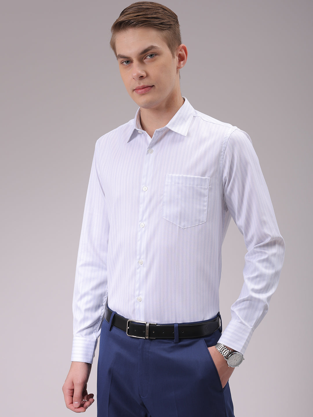 Men's Blue Slim Fit Striped Formal Shirt