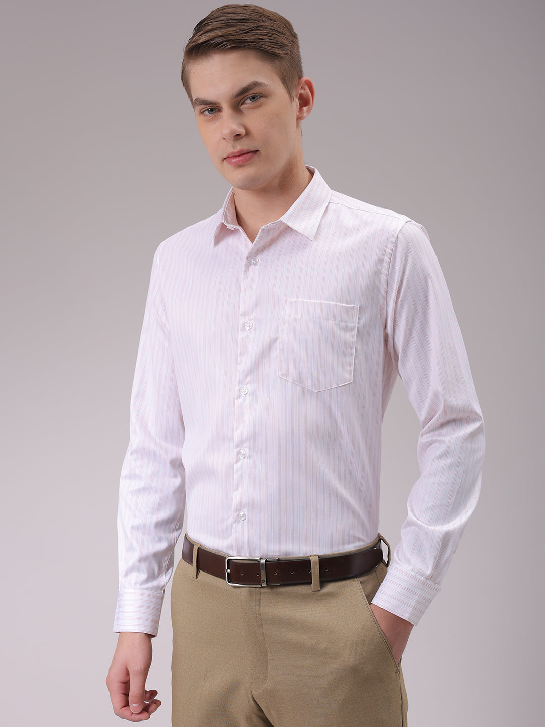 Men's Red Slim Fit Striped Formal Shirt