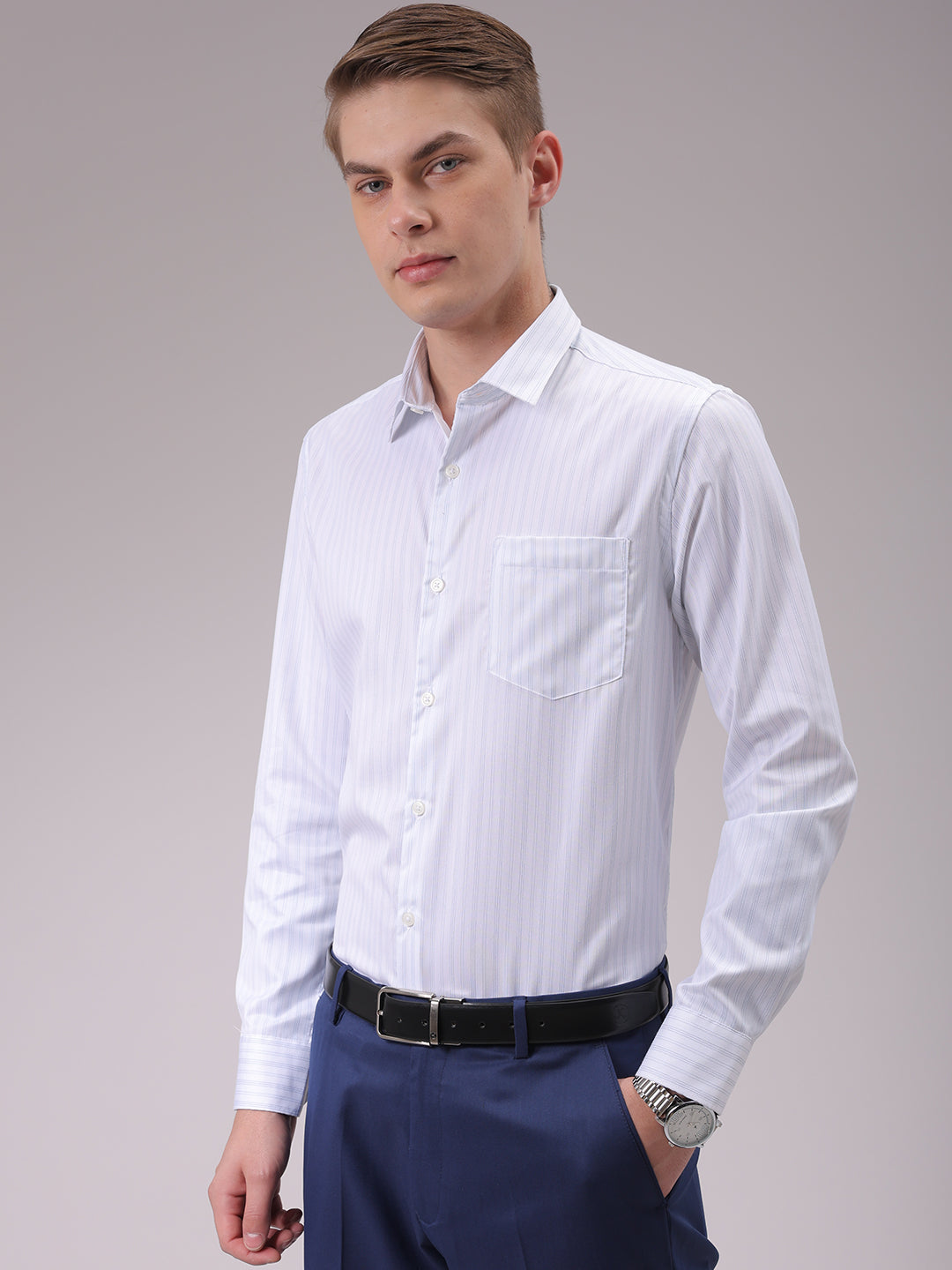 Men's Teal Slim Fit Striped Formal Shirt