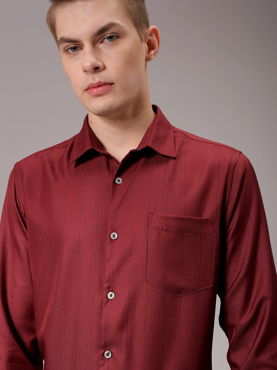 Men's Burgundy Slim Fit Striped Formal Shirt