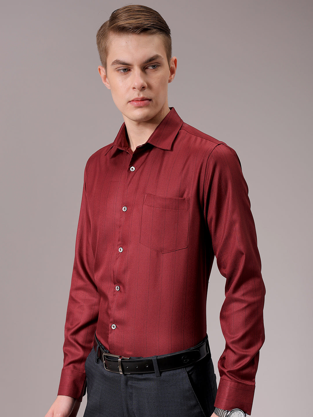 Men's Burgundy Slim Fit Striped Formal Shirt