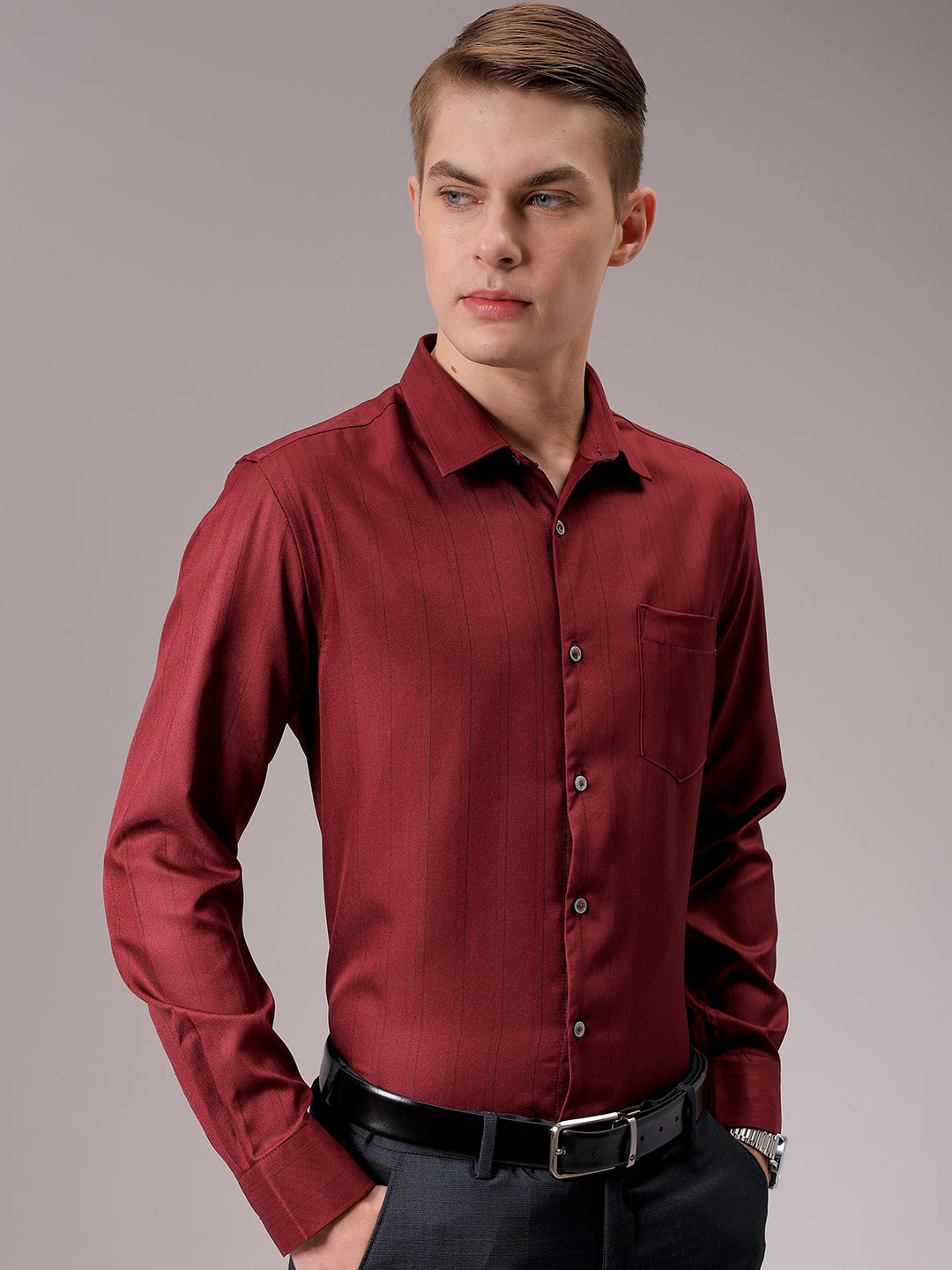 Men's Burgundy Slim Fit Striped Formal Shirt