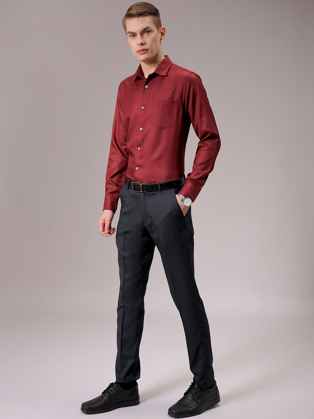 Men's Burgundy Slim Fit Striped Formal Shirt