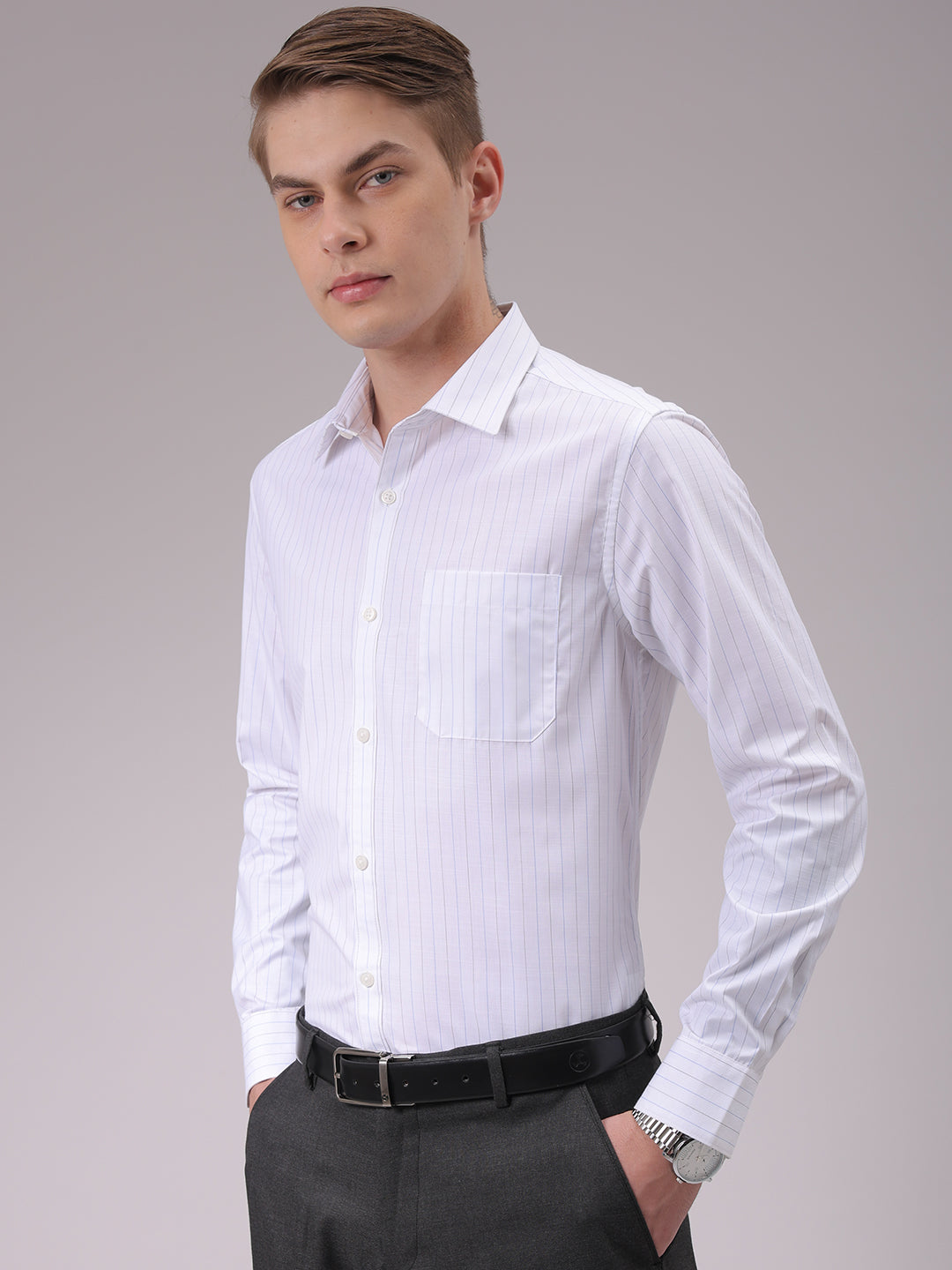 Men's White Slim Fit Striped Formal Shirt