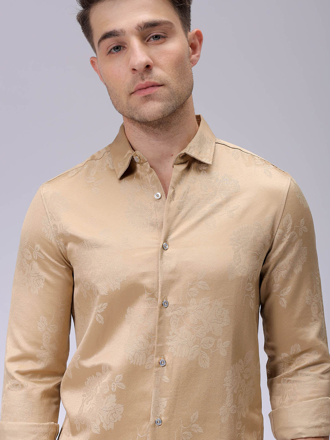 Men's Beige Slim Fit Textured Partywear Shirt