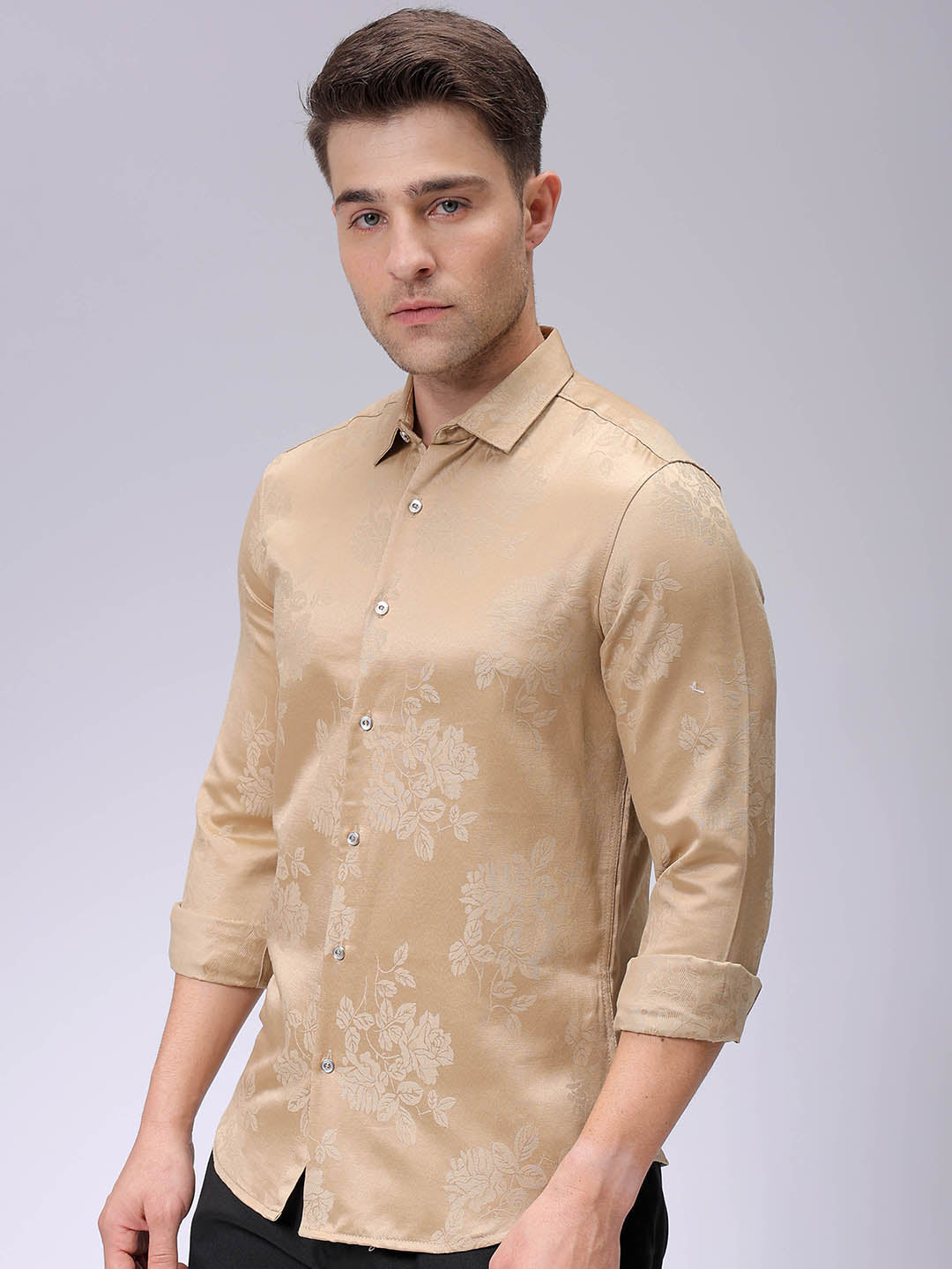 Men's Beige Slim Fit Textured Partywear Shirt