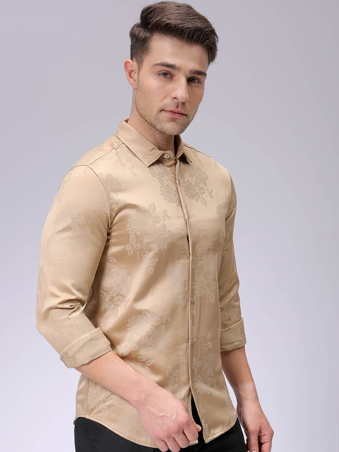 Men's Beige Slim Fit Textured Partywear Shirt