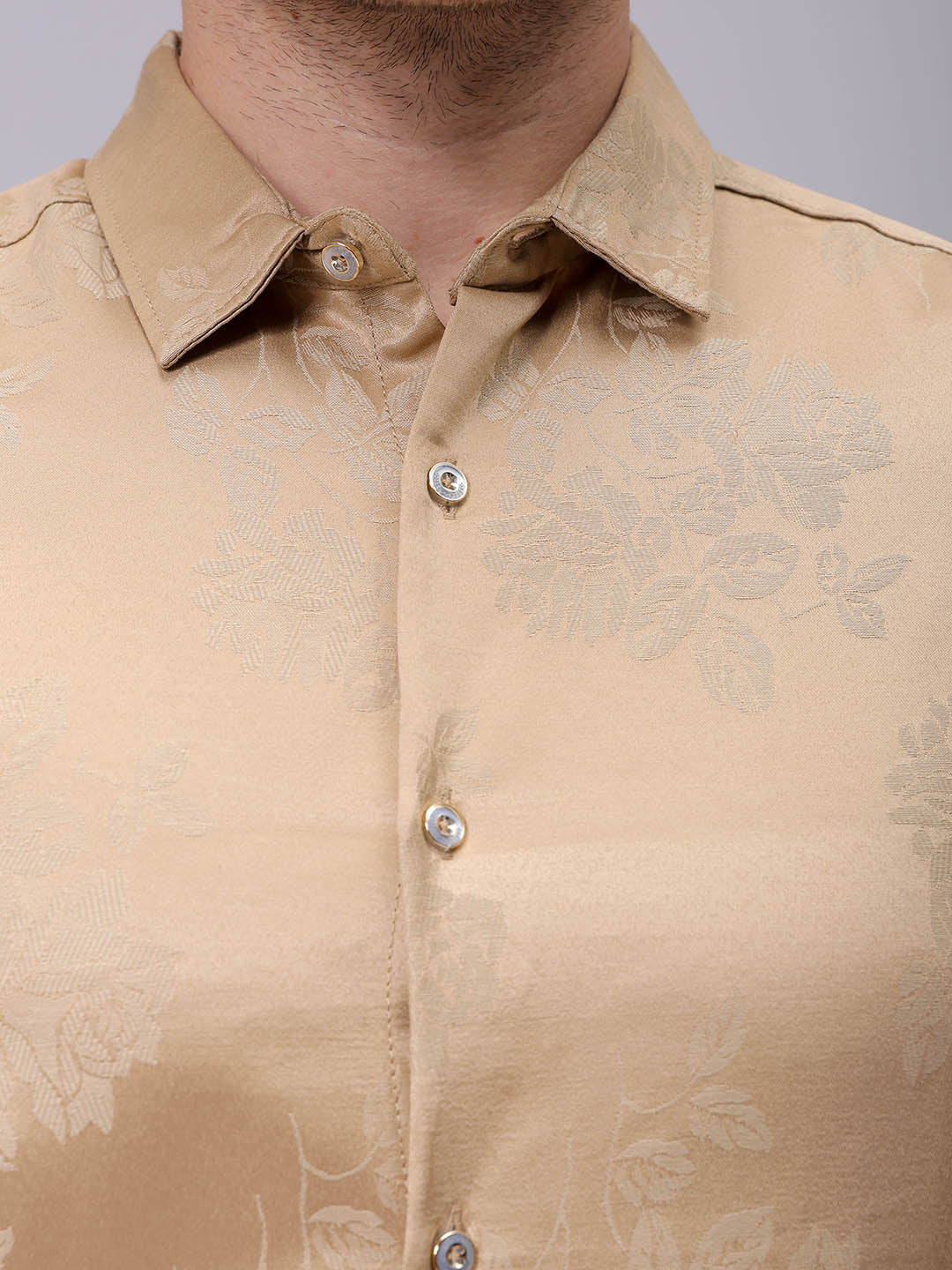 Men's Beige Slim Fit Textured Partywear Shirt