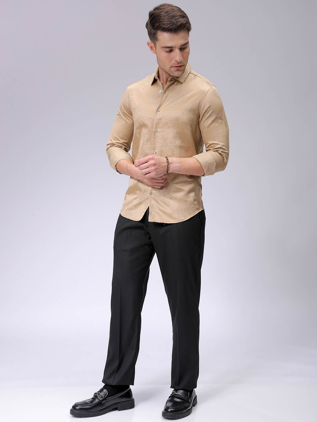 Men's Beige Slim Fit Textured Partywear Shirt