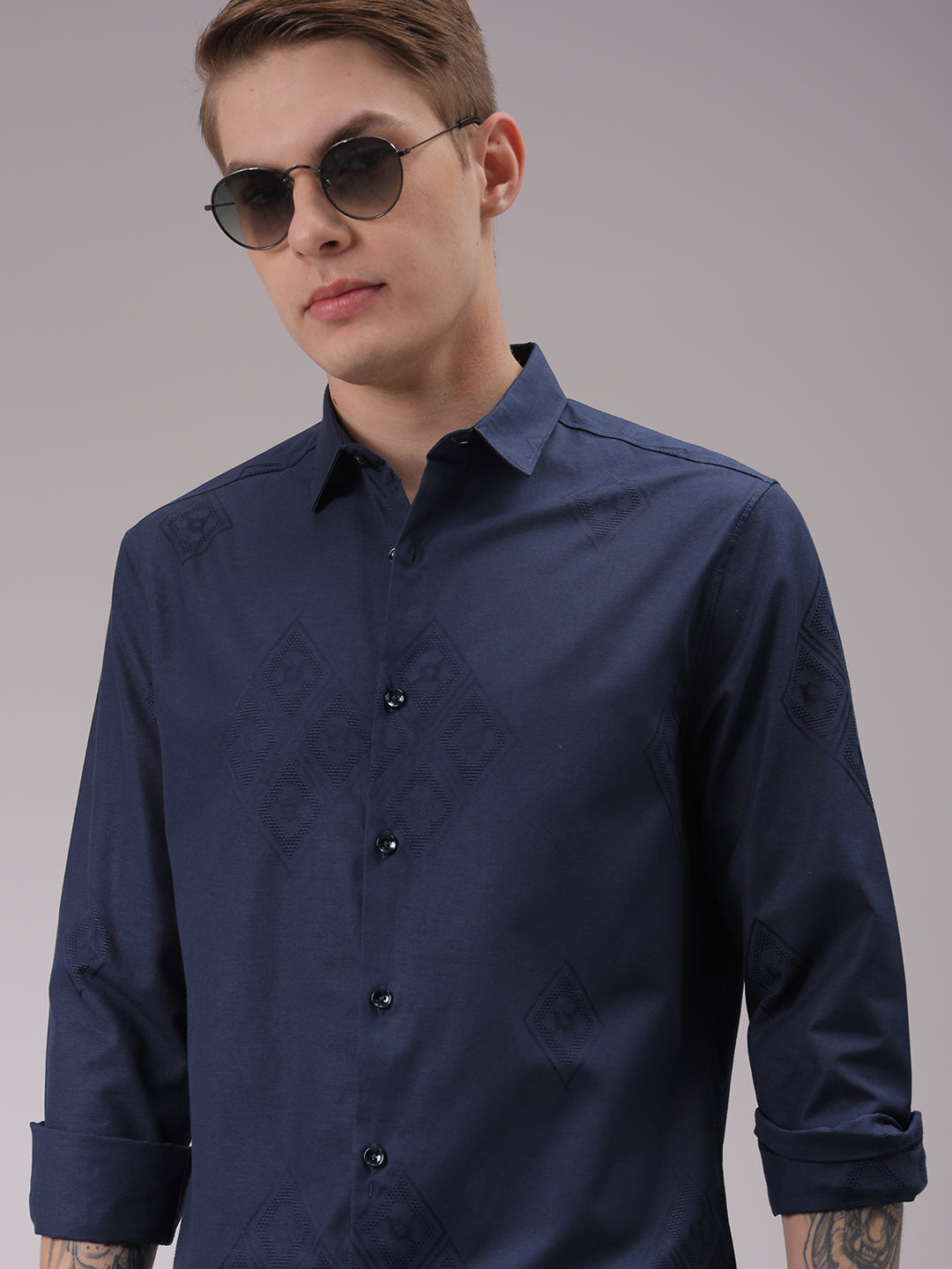 Men's Navy Blue Slim Fit Textured Partywear Shirt