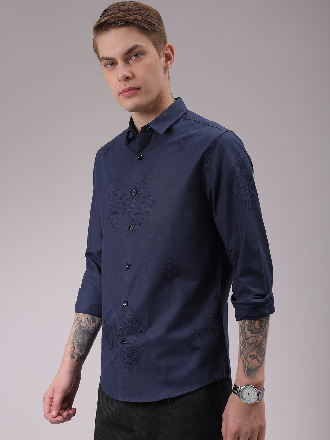 Men's Navy Blue Slim Fit Textured Partywear Shirt