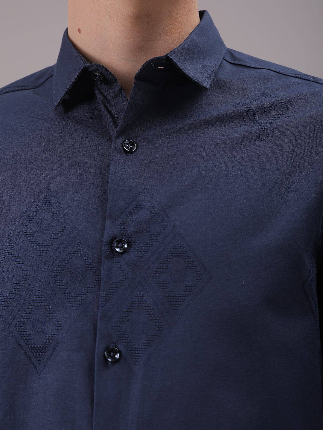 Men's Navy Blue Slim Fit Textured Partywear Shirt