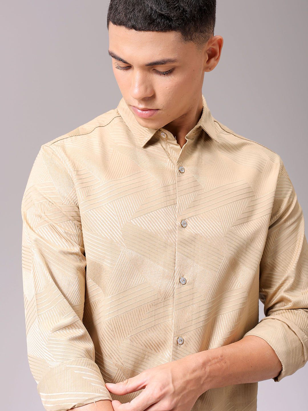 Men's Beige Slim Fit Textured Partywear Shirt