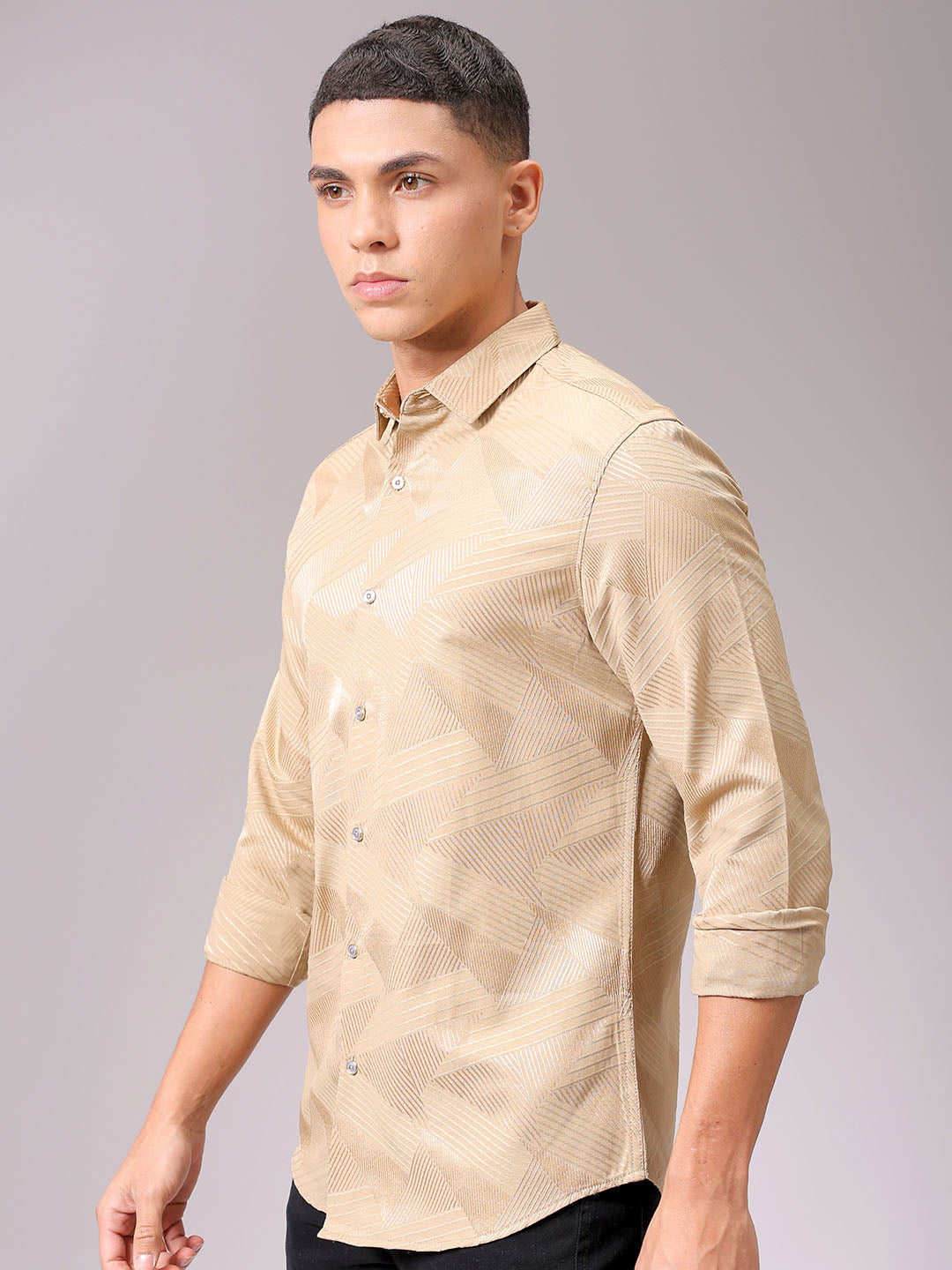 Men's Beige Slim Fit Textured Partywear Shirt