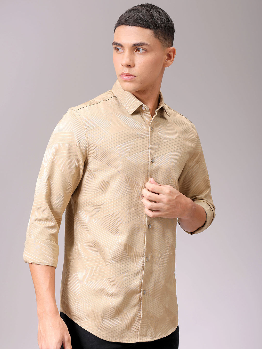 Men's Beige Slim Fit Textured Partywear Shirt