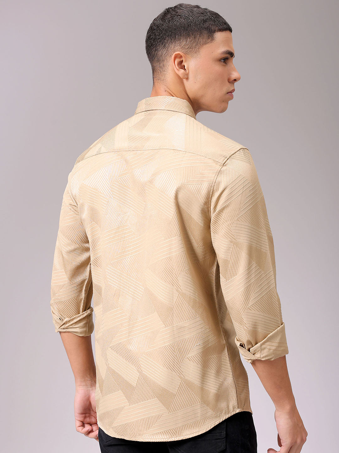 Men's Beige Slim Fit Textured Partywear Shirt