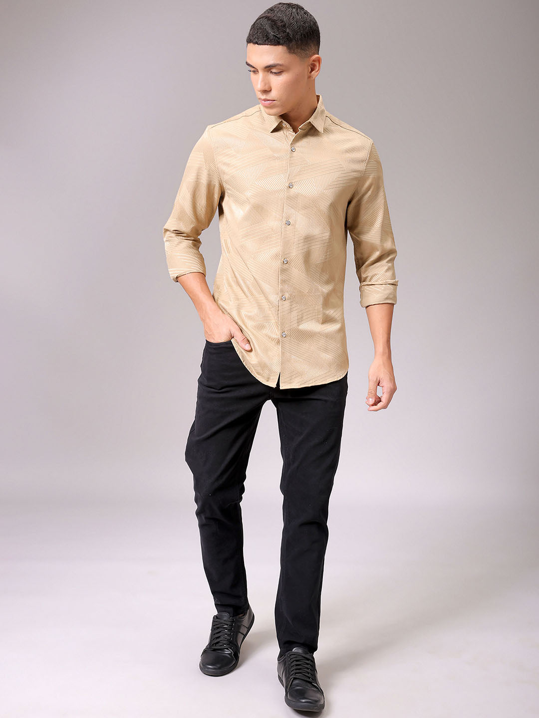 Men's Beige Slim Fit Textured Partywear Shirt