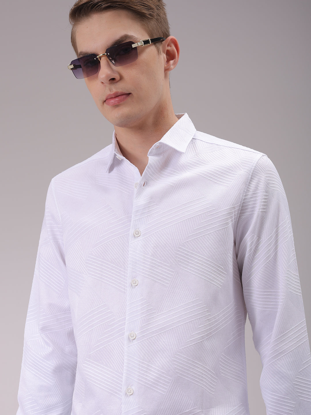 Men's White Slim Fit Textured Partywear Shirt