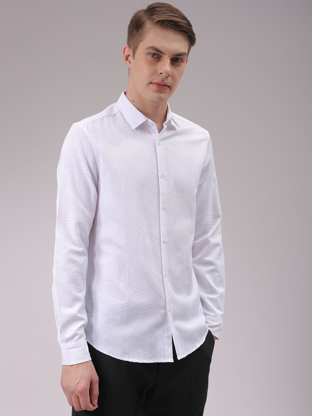 Men's White Slim Fit Textured Partywear Shirt