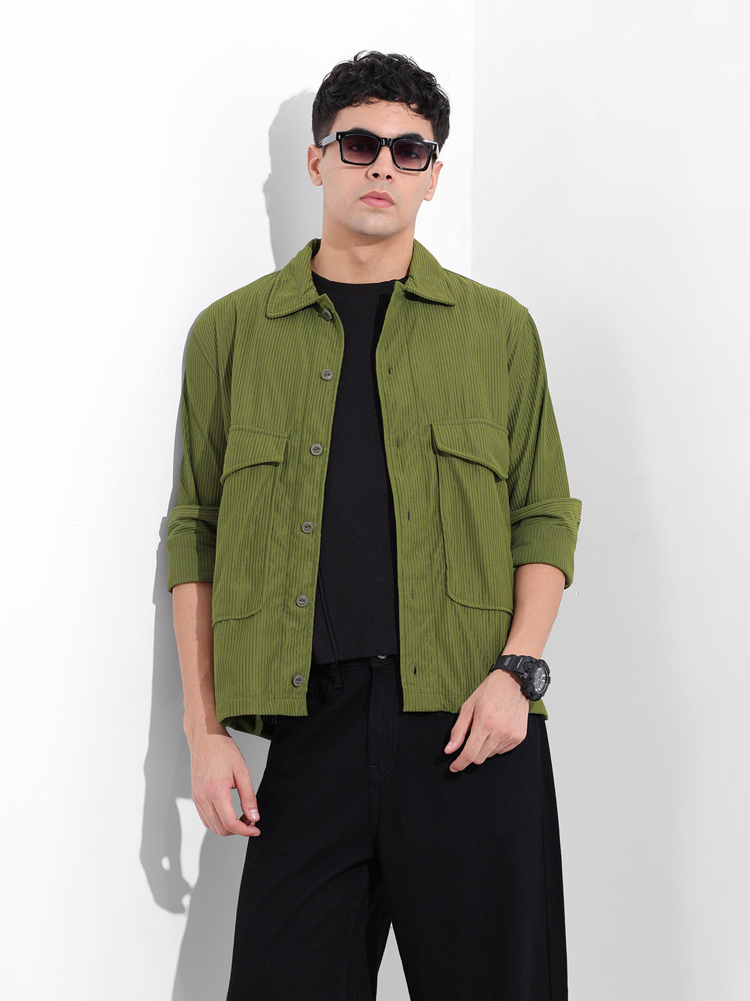 Men's Olive Boxy Fit Solid Street Shirt