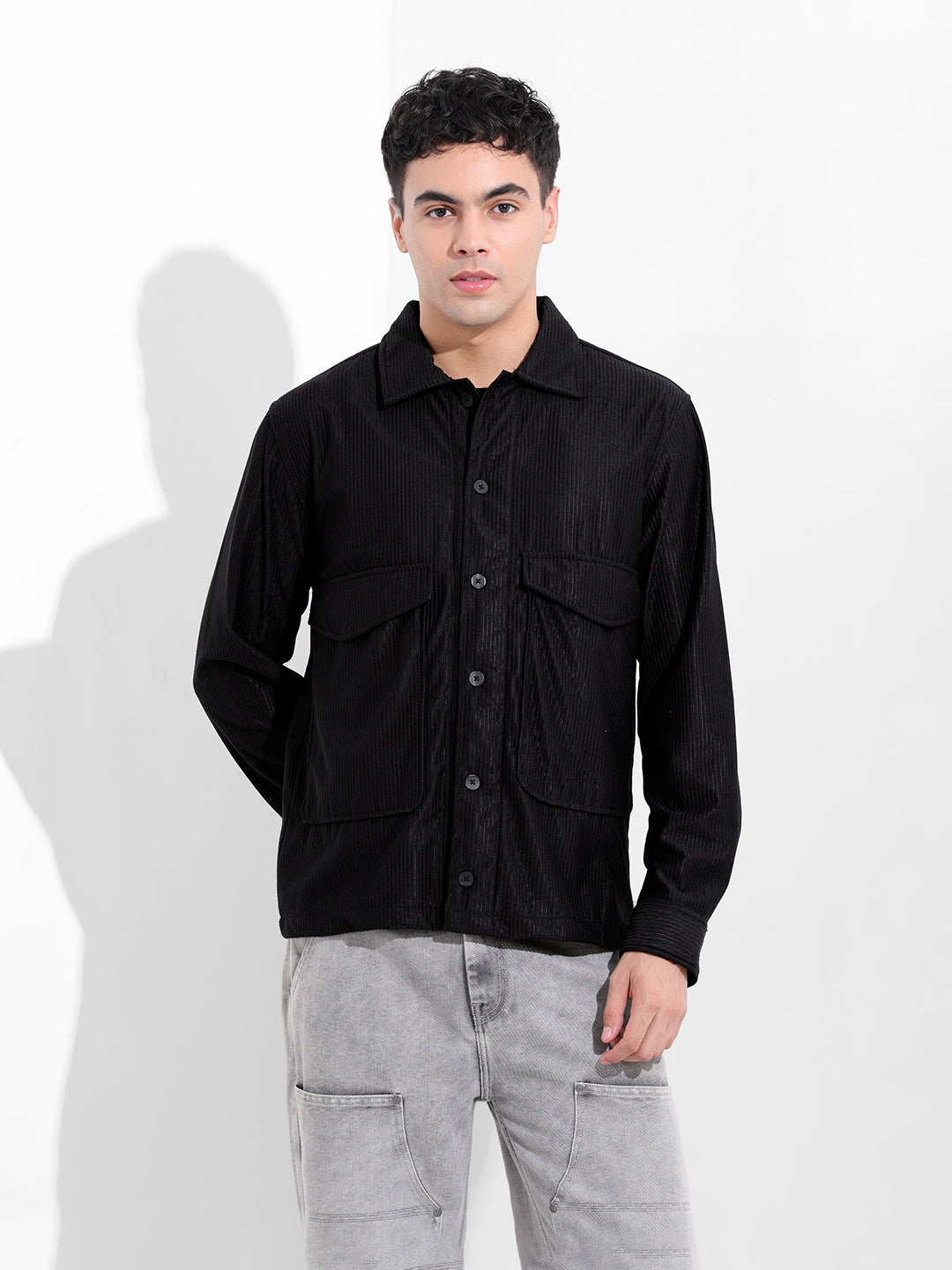 Men's Black Boxy Fit Solid Street Shirt