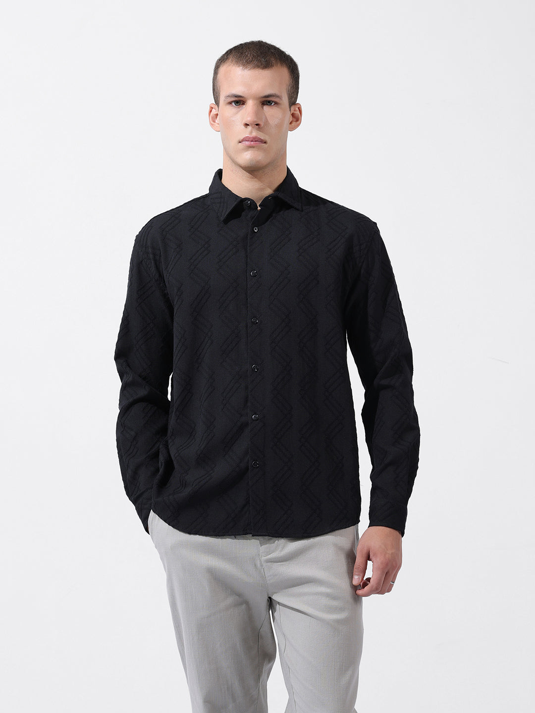 Men's Black Relaxed Fit Solid Resort Wear Shirt