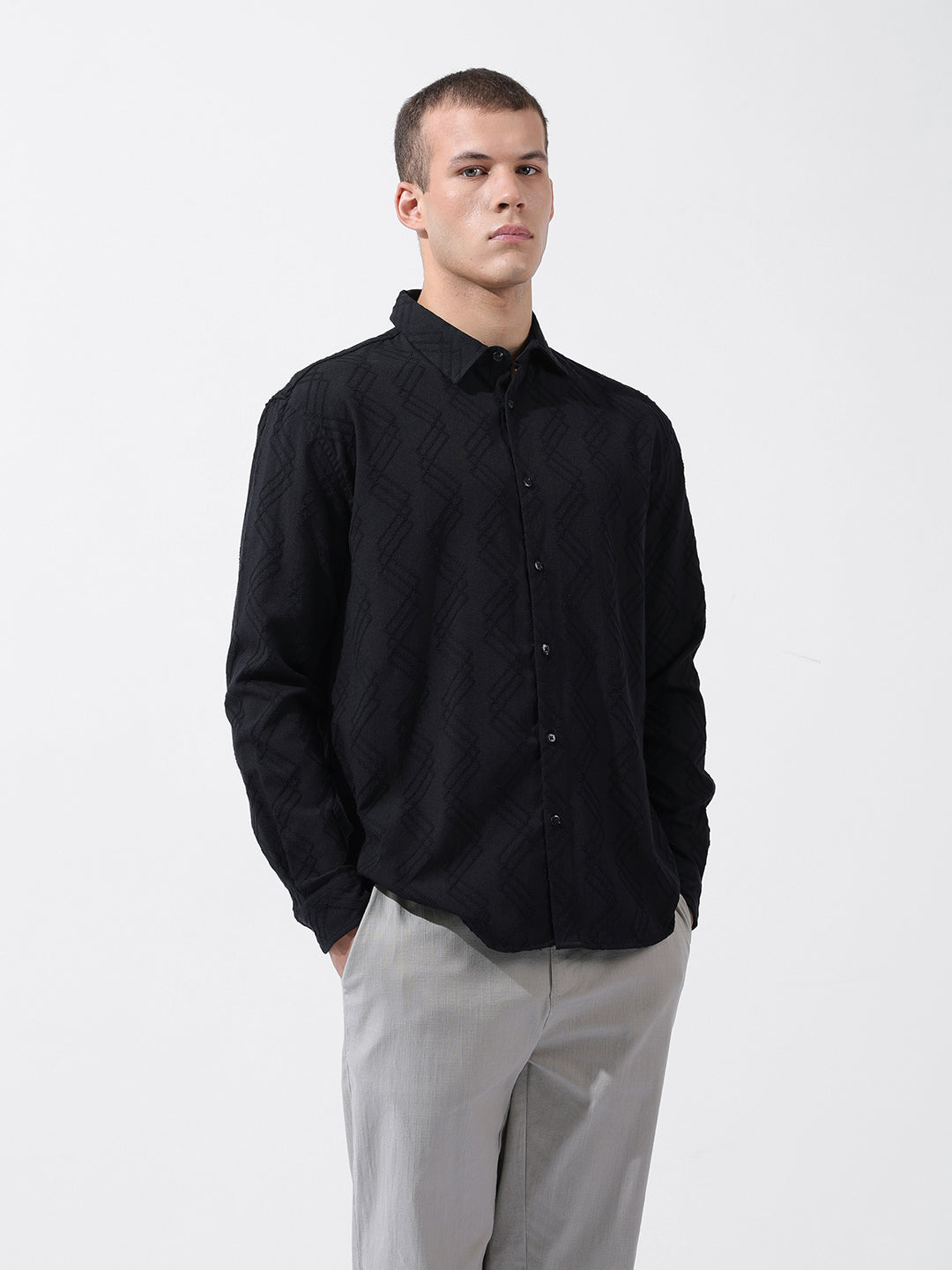 Men's Black Relaxed Fit Solid Resort Wear Shirt