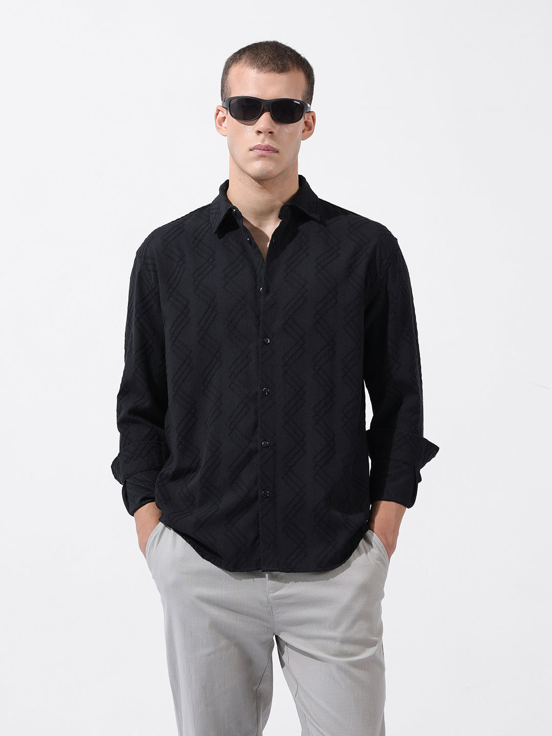 Men's Black Relaxed Fit Solid Resort Wear Shirt