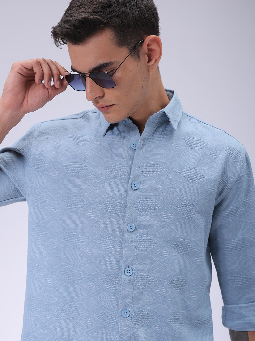 Men's Blue Relaxed Fit Textured Shirt